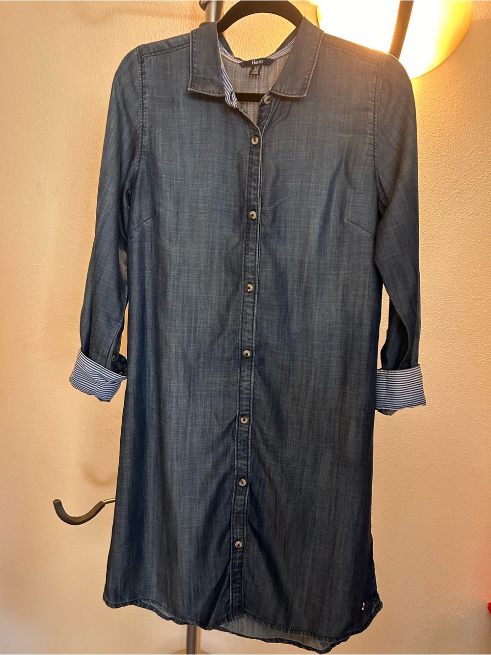 Hatley Indigo Denim Shirt Dress with Stripe Trim